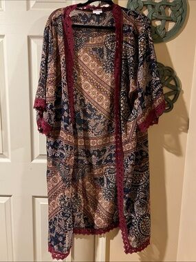 Boho Paisley Sheer Kimono with Burgundy Lace Trim LulaRoe size medium